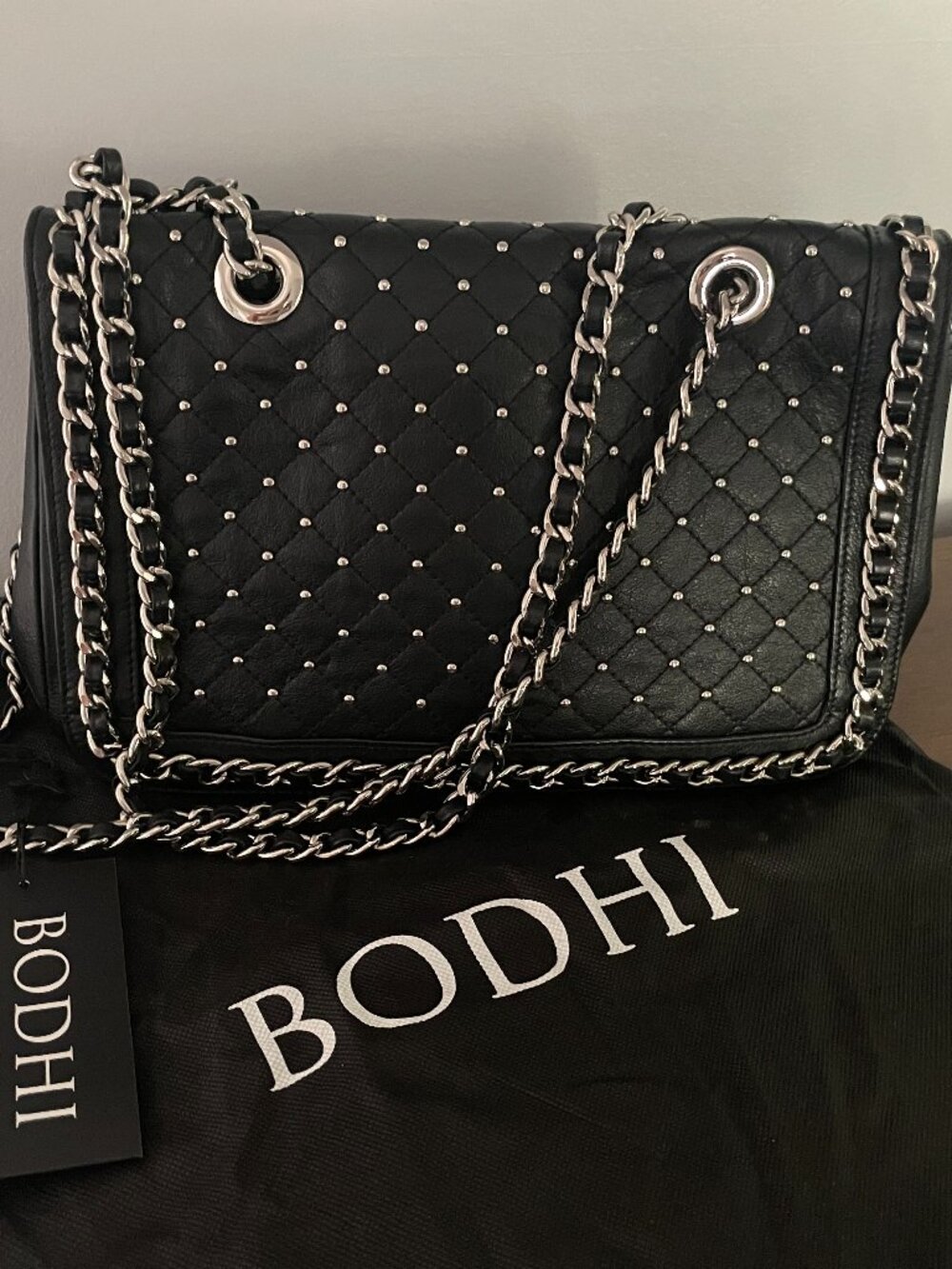 MINT Bodhi Black Quilted Studded Leather Chain Flap Shoulder Bag